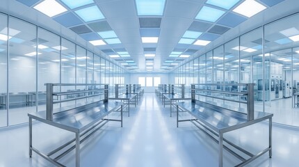 Obraz premium Modern Clean Room Interior with Stainless Steel Benches and Bright LED Lighting