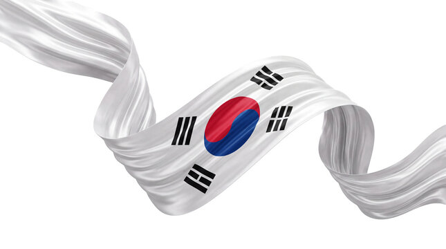 Waving 3D silk ribbon of the South Korea flag with taegeuk and trigrams on white