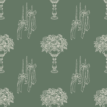 Vintage seamless pattern with candles, bows, and flowers on a green background. Vector retro background. Outline illustration in Rococo, Baroque, and Victorian styles for weddings, holidays