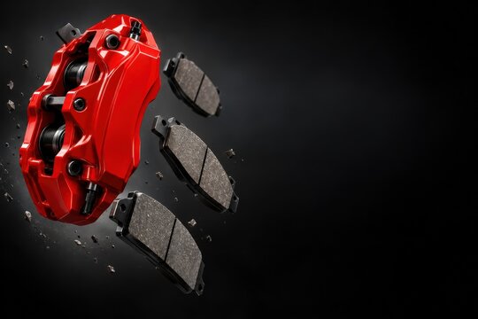High performance red brake caliper and matching friction pads floating dynamically against a stark dark background with dust particles