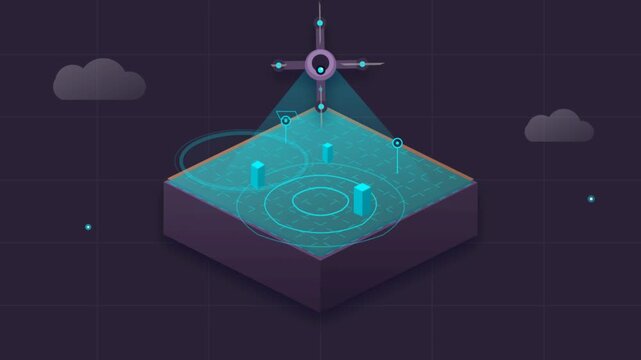Futuristic drone scanning isometric digital terrain with glowing data waves