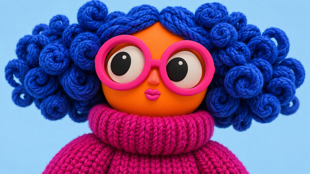 Whimsical knitted character with blue yarn pigtails, oversized pink glasses and chunky magenta sweater, ideal for kids posters, winter cards, playful branding and social media.