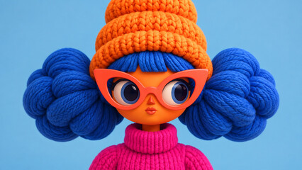 Fototapeta premium Whimsical knitted fashion character with blue yarn hair, orange beanie, oversized sunglasses and pink turtleneck, ideal for winter posters, greeting cards, ads and social media.