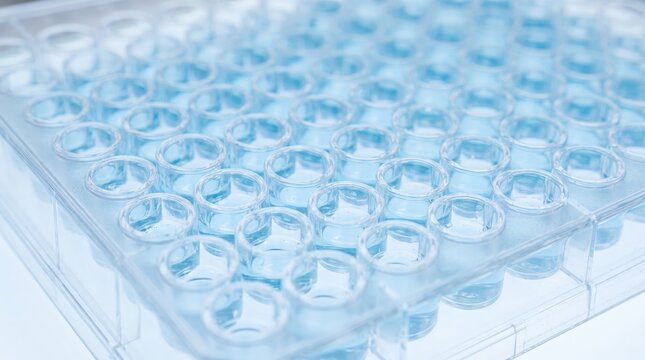 Transparent Microplate With Blue Liquid Samples On A Laboratory Table For Scientific Research