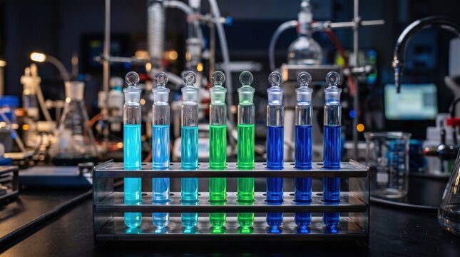 Laboratory Experiment with Colorful Test Tubes Containing Fluids for Scientific Research