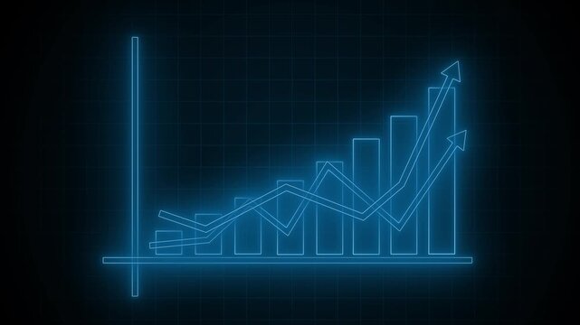 Neon-style glowing bar chart on black background with axes and three trend arrows overlay animation