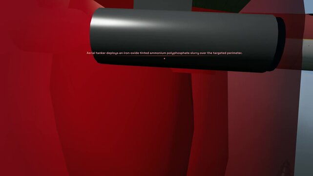 3D educational animation demonstrating the chemical process of aerial forest fire retardant transforming plant cellulose into inert carbon char to stop advancing wildfires