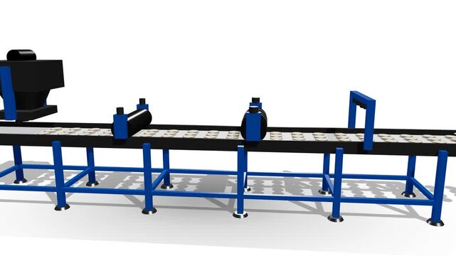 Automated industrial blue conveyor belt machine transporting round cookie dough through processing rollers inside modern bright white factory line.