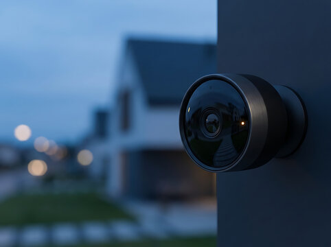 Modern Smart Security Camera Mounted on Exterior Wall for Home Surveillance and Safety at Dusk