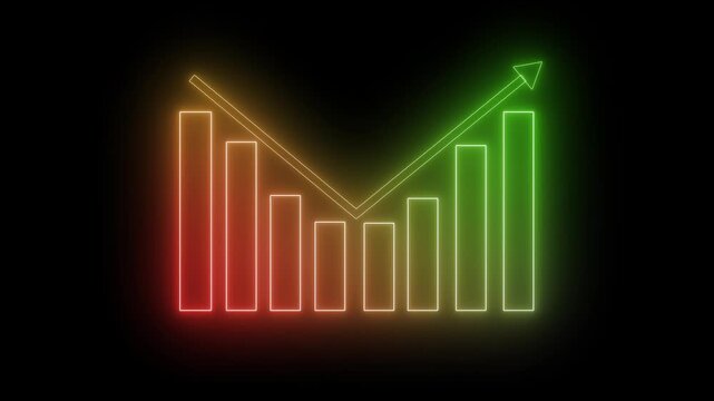 Neon upward trending bar chart and arrow on black background, glowing infographic symbolizing growth or performance animation