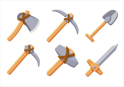 Cartoon Primitive Stone Tool Icon Set with Rope-Bound Axe, Pickaxe, Shovel, Sickle, Hammer and Sword
