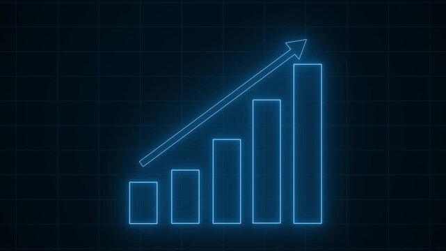 Neon upward bar chart with five bars and diagonal arrow on black background animation