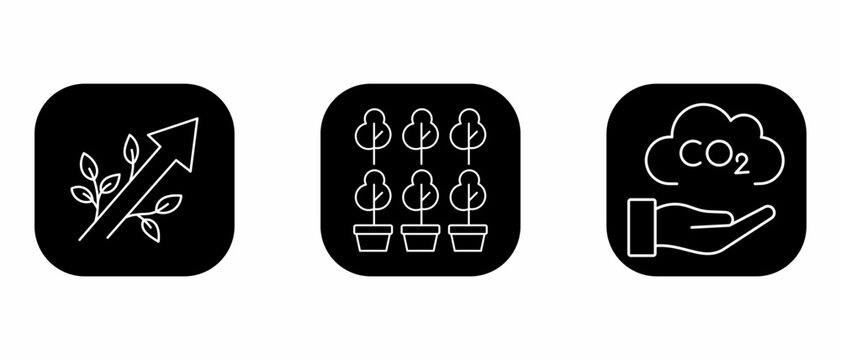 Carbon reduction and green growth icon set with line art illustrations, CO2 emission control and mass planting symbols for environmental apps.