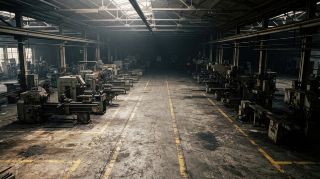 Empty idle factory floor with faded safety markings and dormant machinery rows
