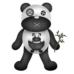 High-resolution graphic illustration of a Voodoo panda doll with a transparent background, holding bamboo, and featuring Thai script text." © Sirilak