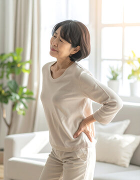 Mature Asian woman experiencing lower back pain while standing in a bright living room interior