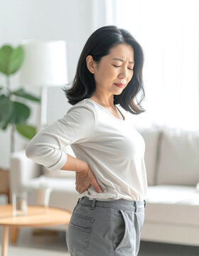Asian woman experiencing lower back pain while standing in a bright modern living room interior