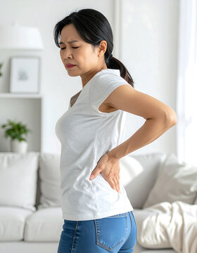 Asian woman suffering from lower back pain while standing in a bright modern living room area