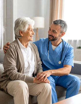 Compassionate male nurse comforting a senior woman during a home healthcare visit in the living room