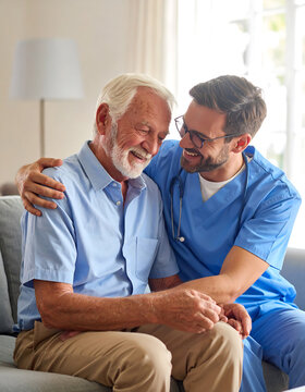 A male nurse providing compassionate home care and emotional support to an elderly man on a sofa