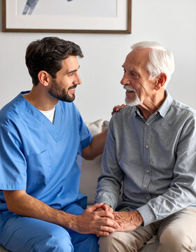 Compassionate male nurse providing comfort and emotional support to an elderly man at home care