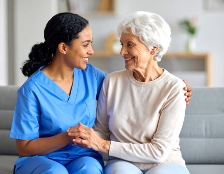 A friendly caregiver in blue scrubs comforting an elderly woman sitting on a comfortable sofa
