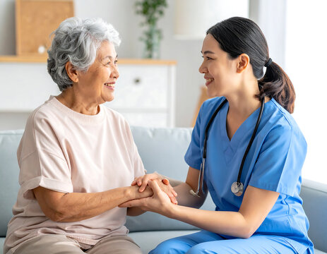 Compassionate nurse holding hands with a smiling senior woman during a home care visit session
