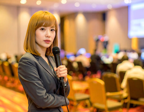 Professional woman holding a microphone in a conference room for a business presentation event
