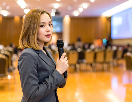 Professional woman speaking into a microphone during a business conference in a large hall