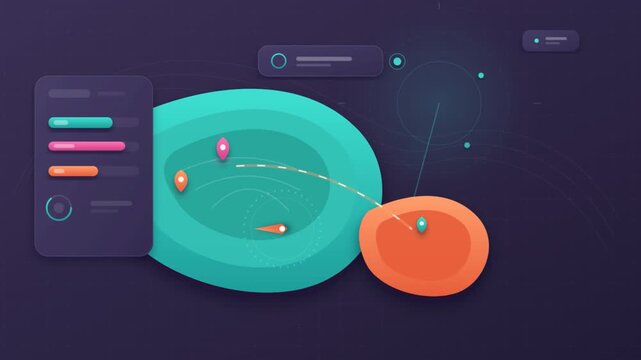 Motion graphics user interface dashboard featuring animated map navigation pins