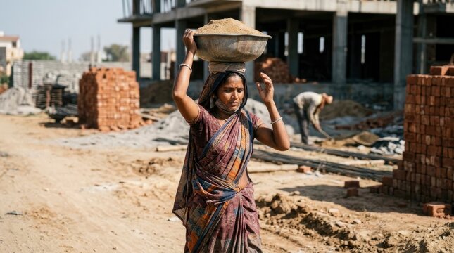 Indian female construction worker carrying a heavy metal bowl of sand on her head at a building site in India