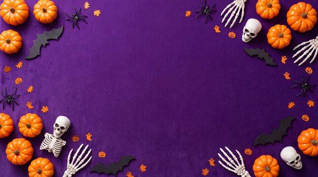 Purple Halloween background with pumpkins bats and skeleton hands border