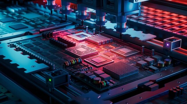 Robotic mount device installs microchips and RAM cards onto circuit boards illuminated by red and blue glow, demonstrating automated hardware manufacturing within high-tech electronics plant.