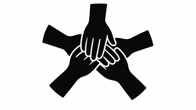 Four hands joined together in a central gesture, symbolizing teamwork, unity, cooperation, support, partnership, solidarity, community, and collective strength