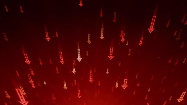 Downward arrows loop red financial decline business loss recession background shows falling indicators and negative movement for market reports analysis investment warnings and crisis presentations
