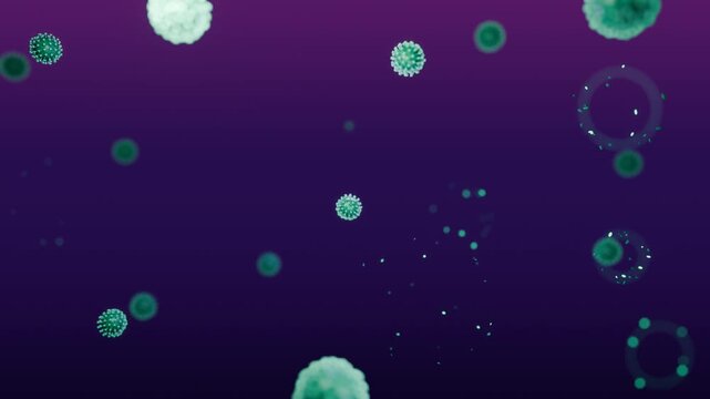 Virus particles medical microbiology infection pathogen green purple background shows cells breaking apart for immune response disease prevention healthcare education research and awareness campaigns