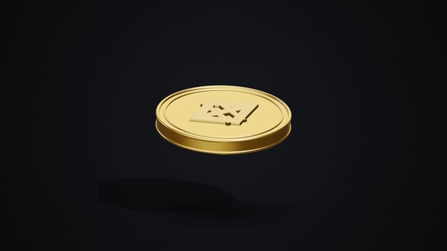 Golden cryptocurrency token hovering gracefully above dark surface with metallic reflections casting soft drop shadow during smooth rotation.