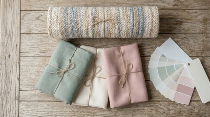 Obraz premium Winter home update flat lay with rolled area rug, folded curtain fabric samples and paint swatch fan for cozy seasonal interior renovation.