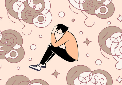 Person Surrounded by Thoughts Representing Overthinking