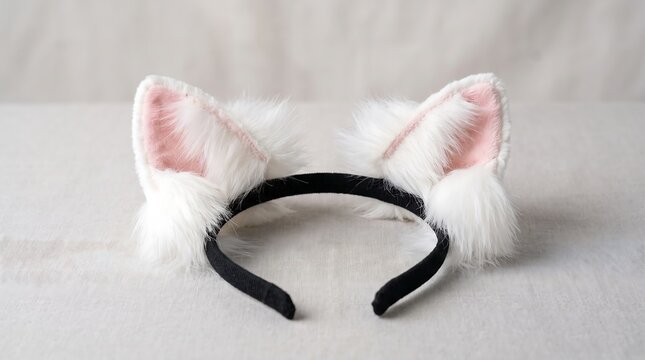 Cute white and pink plush fluffy cat ear headband on neutral background