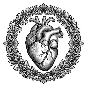 Detailed anatomical human heart drawing framed inside vintage engraved flora wreath