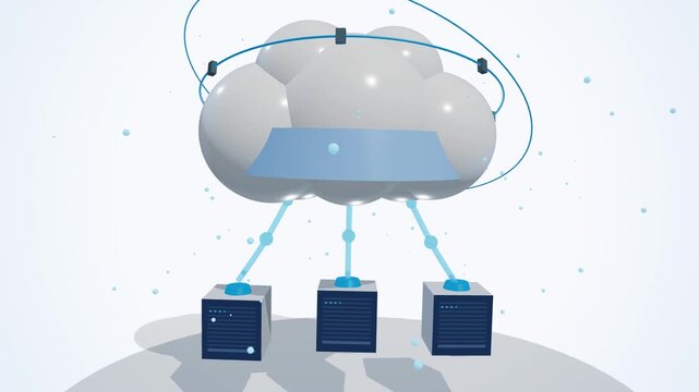 Animated 3d cloud computing icon displaying digital data transfer from server boxes with glowing blue connections moving seamlessly in smooth loop