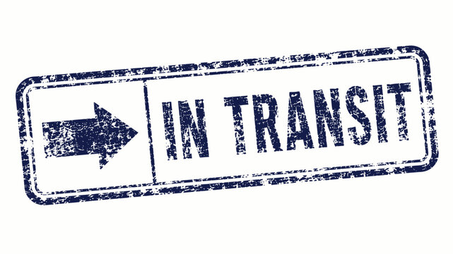 Blue distressed in transit rubber stamp with directional arrow, representing shipping, transportation, delivery tracking, logistics, parcels, and commerce