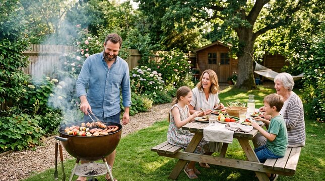 Family enjoying a summer barbecue lunch in a lush green garden with a wooden shed and hammock