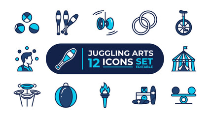 Juggling Arts Icon Set: A collection of graphic icons representing various juggling arts, including balls, clubs, yo-yos, rings, unicycles, performers, and circus tents, designed in a clean. © Ahmed