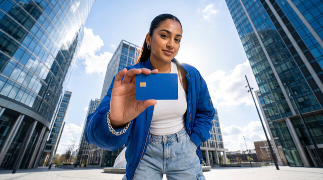 Financially free young woman holds a blue credit card between glass towers