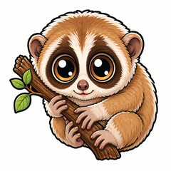 Obraz premium Adorable cartoon sloth with soft brown fur, huge expressive eyes, and a leafy branch, creating a charming relaxed wildlife character