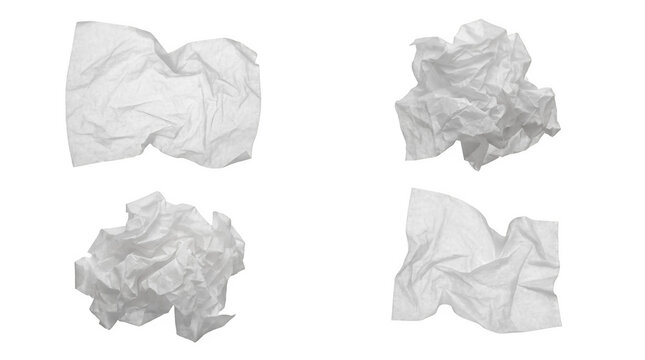 Set of four crumpled translucent plastic film sheets isolated on transparent background