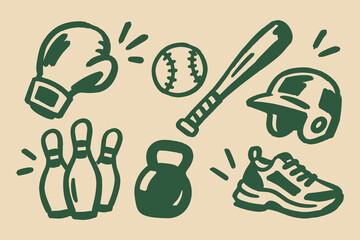 Obraz premium Sports Equipment Hand Drawn Baseball and Fitness Set