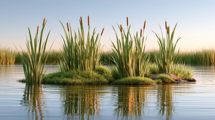 Fototapeta premium Serene Marsh Landscape with Lush Green Grass, Reeds, and Calm Water Reflections at Sunset